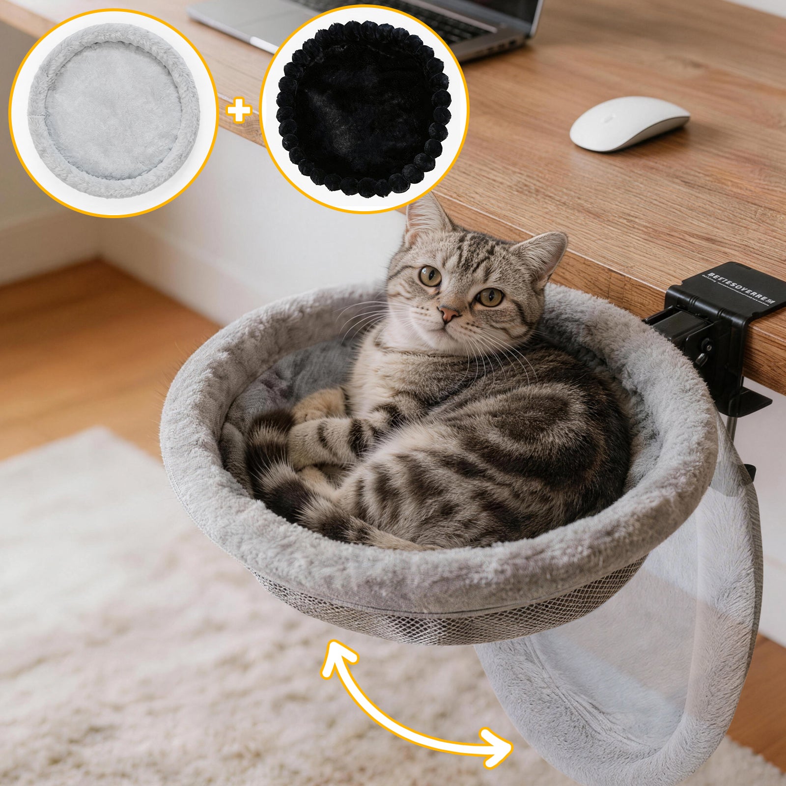 ButtonwoodNest Cozy Cat Desk Bed, Sunken Foldable Cat Hammock with 2 Cushions Dual-Sided Reversible