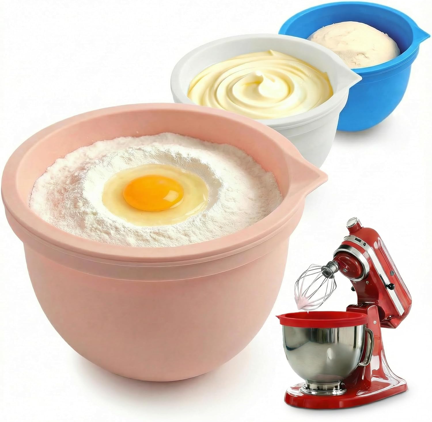 BPA-Free Food Grade Silicone Bowl Liner with Lid for Kitchenaid Stand Mixer Tilt-Head 4.5-5 Qt Salad Mixing Bowl, Thick Non-Stick Odor-Free, Ideal for Ice Cream Maker Baking Meal Prep