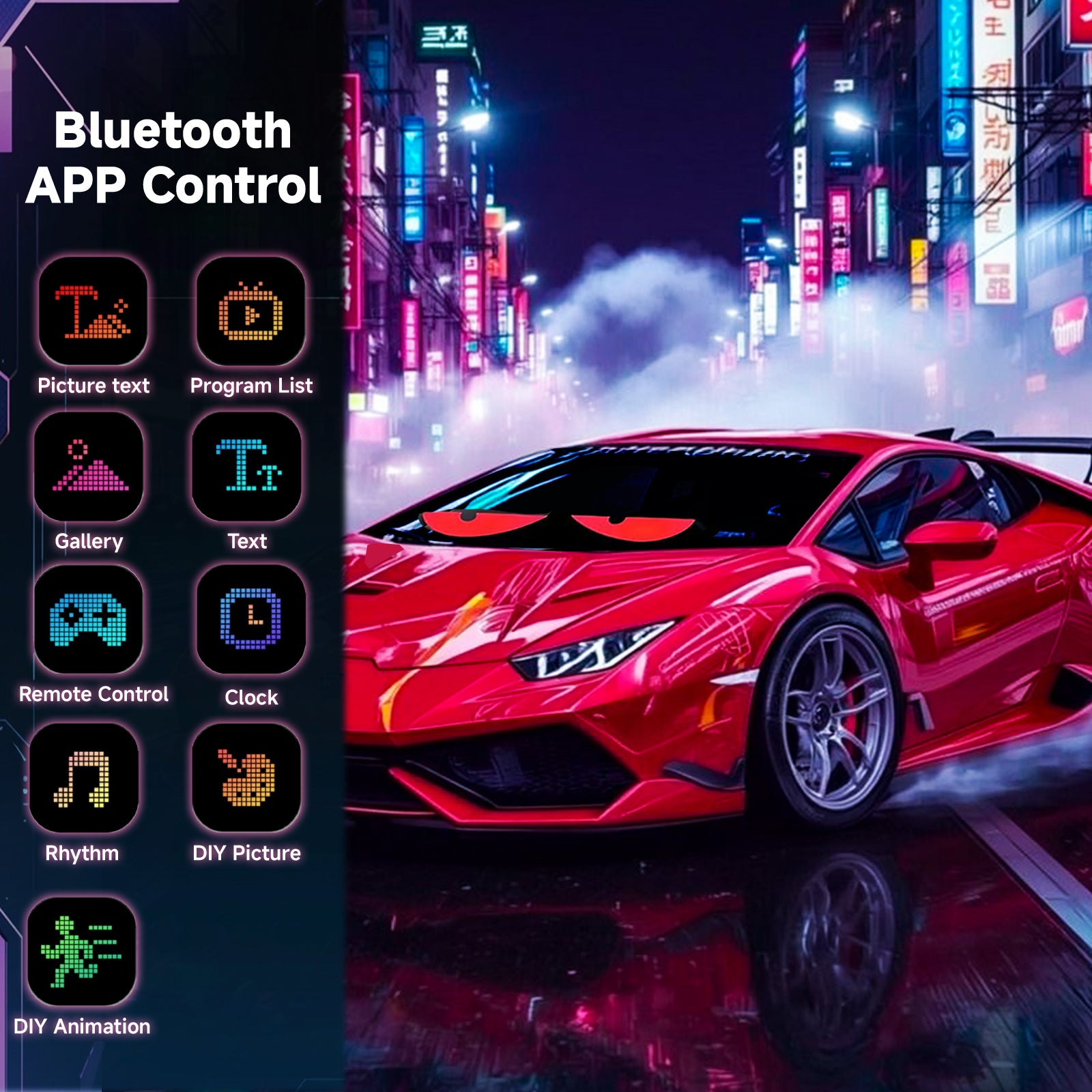 Programmable LED Sign Devil Eyes Display for Windshield with Customizable DIY Scrolling Text Patterns Animations