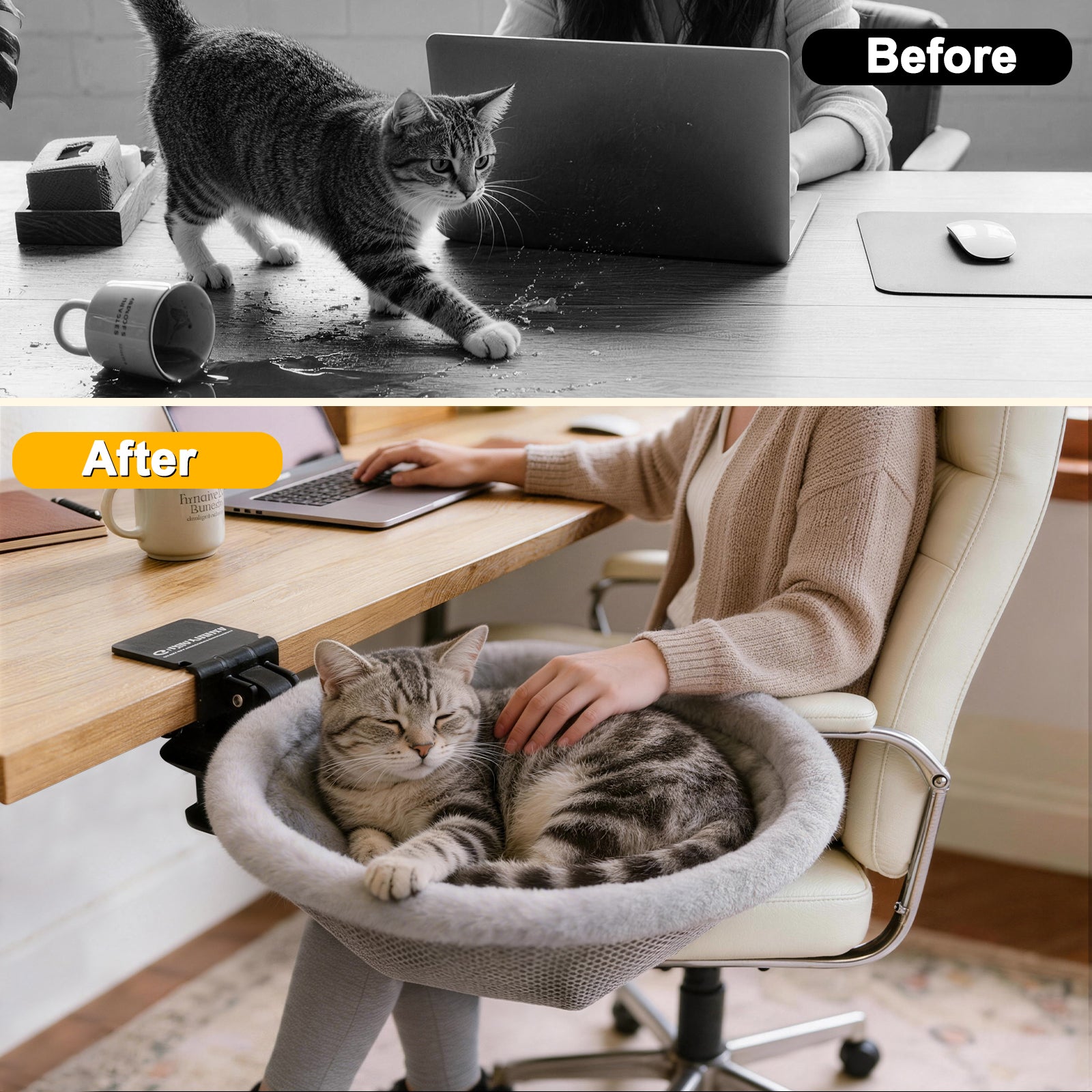ButtonwoodNest Cozy Cat Desk Bed, Sunken Foldable Cat Hammock with 2 Cushions Dual-Sided Reversible