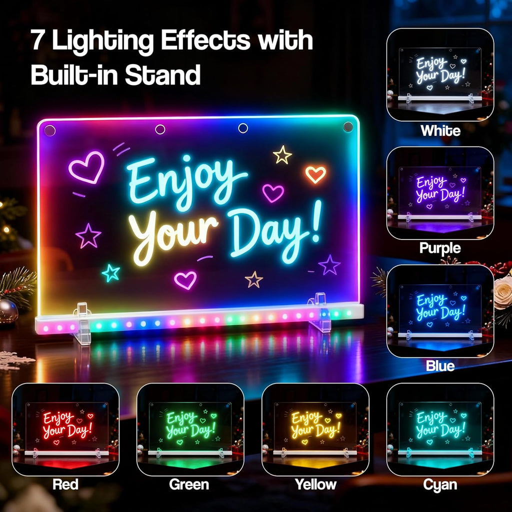 MasterAkoh Rechargeable LED Note Board with 7 Colors & 4 Modes, 13.8"x10" Light Up Acrylic Message Board