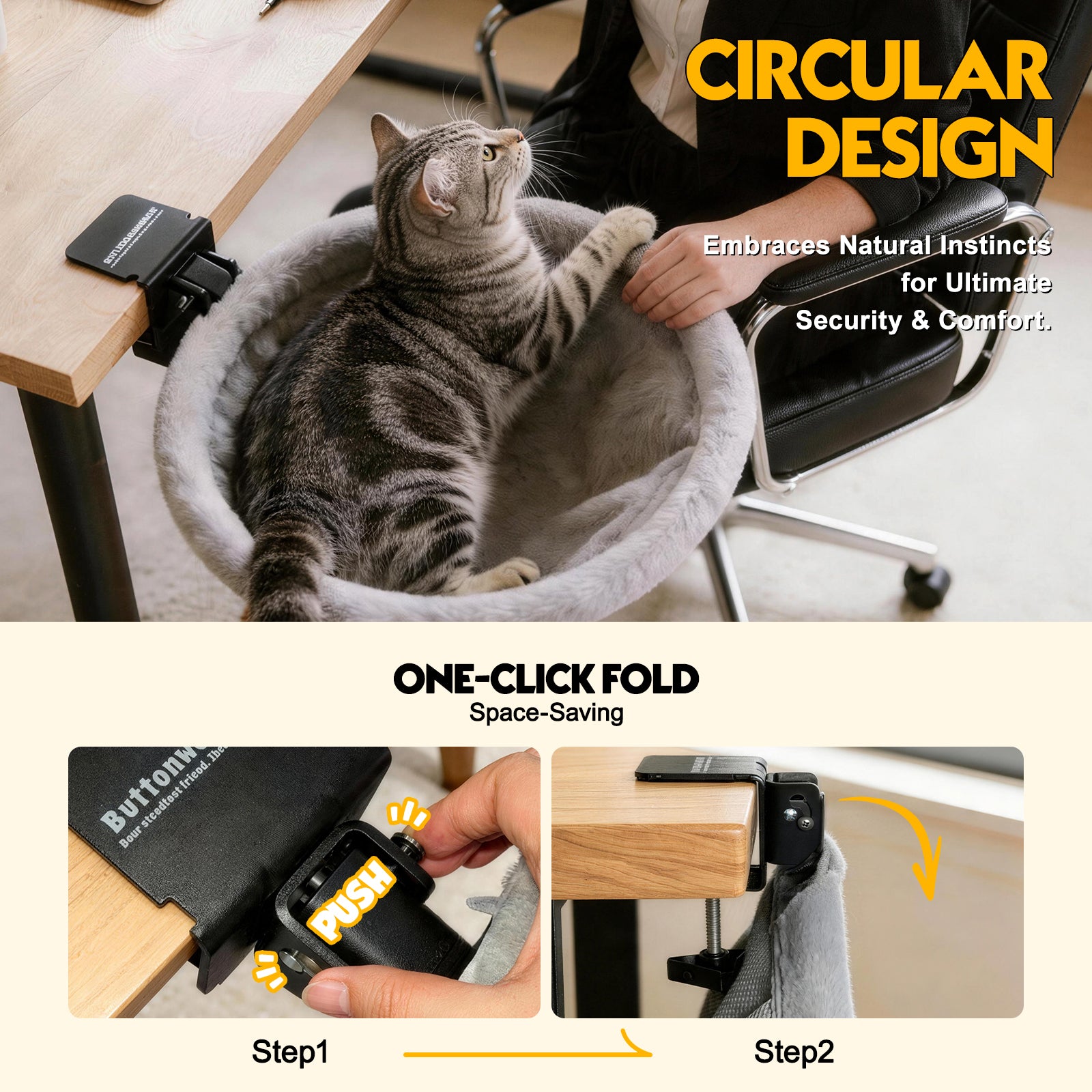 ButtonwoodNest Cozy Cat Desk Bed, Sunken Foldable Cat Hammock with 2 Cushions Dual-Sided Reversible