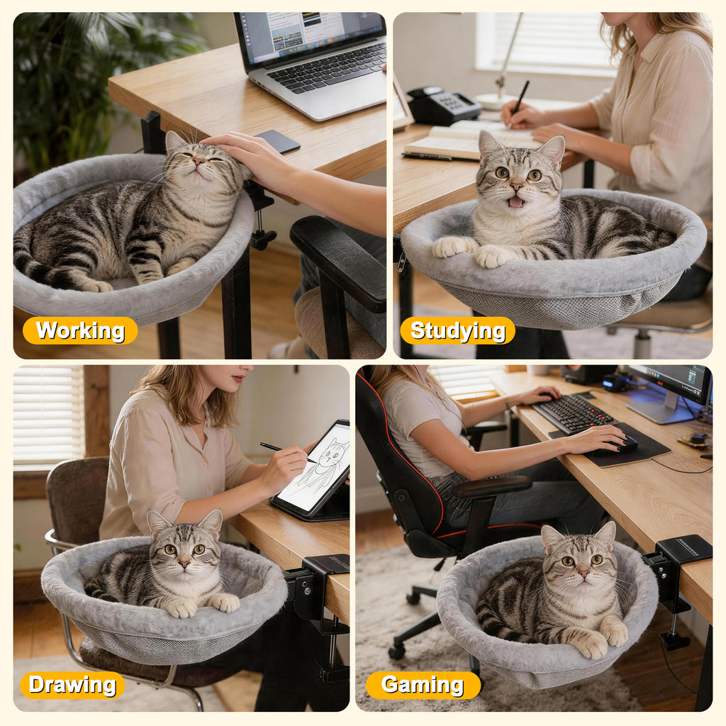 ButtonwoodNest Cozy Cat Desk Bed, Sunken Foldable Cat Hammock with 2 Cushions Dual-Sided Reversible
