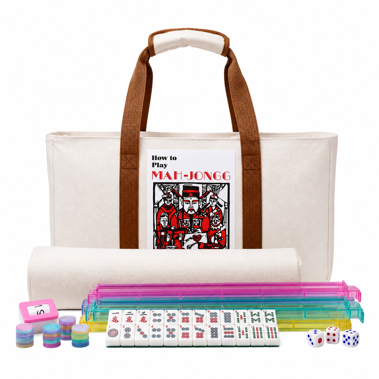 WonderTopia American Mahjong Set with Beige Brown Carrying Bag, 166 White Tiles, 4 All-in-One Color Racks and Pushers, Mahjong Tiles Set for Family Game Night (Ma Jong, Mah-Jongg, Majiang)