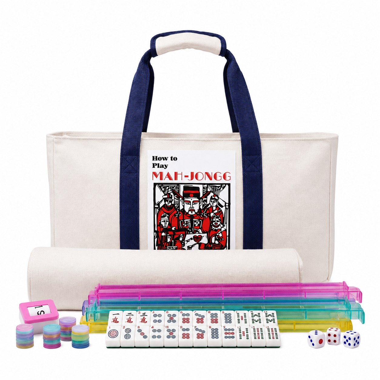 WonderTopia American Mahjong Set with Beige Brown Carrying Bag, 166 White Tiles, 4 All-in-One Color Racks and Pushers, Mahjong Tiles Set for Family Game Night (Ma Jong, Mah-Jongg, Majiang)