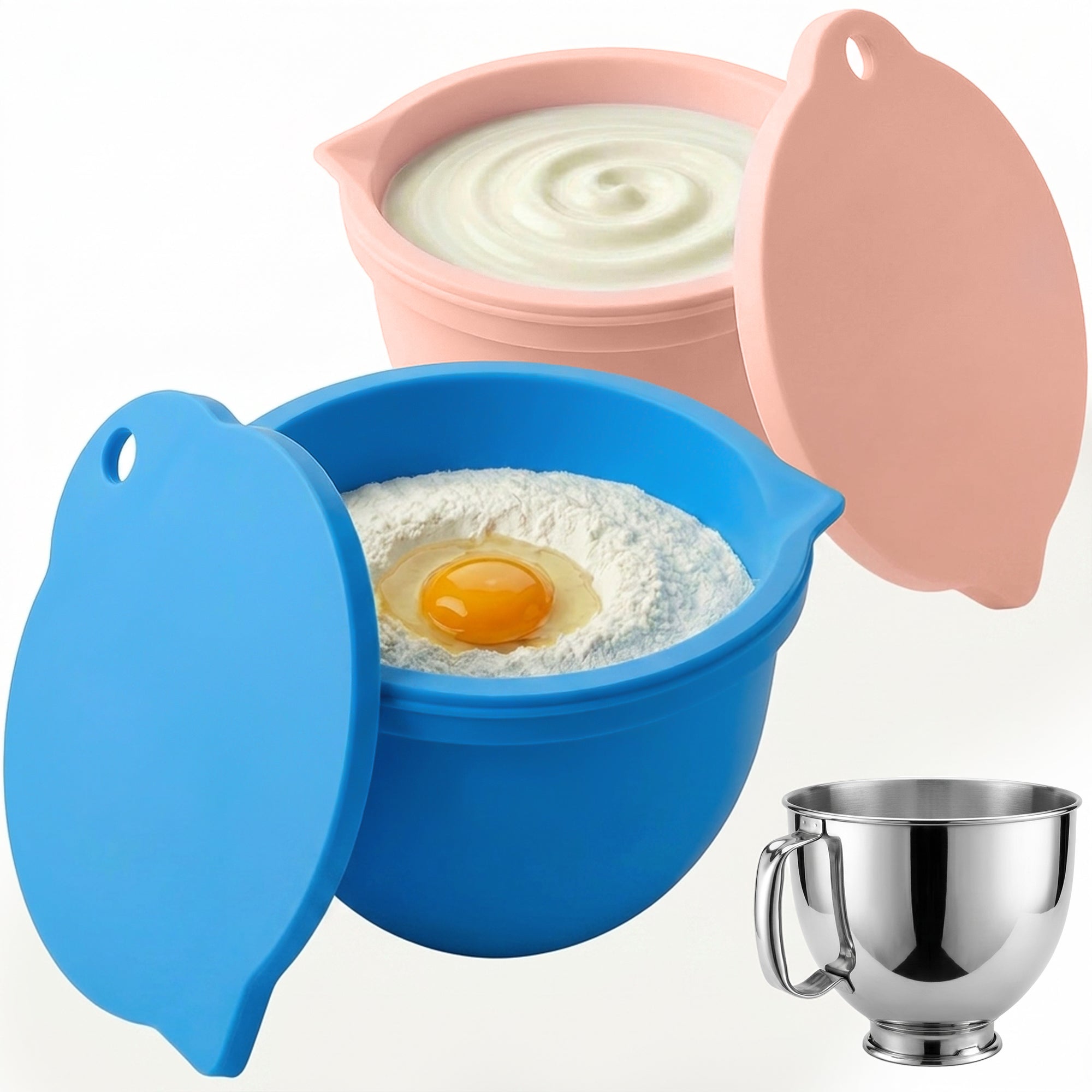 BPA-Free Food Grade Silicone Bowl Liner with Lid for Kitchenaid Stand Mixer Tilt-Head 4.5-5 Qt Salad Mixing Bowl, Thick Non-Stick Odor-Free, Ideal for Ice Cream Maker Baking Meal Prep