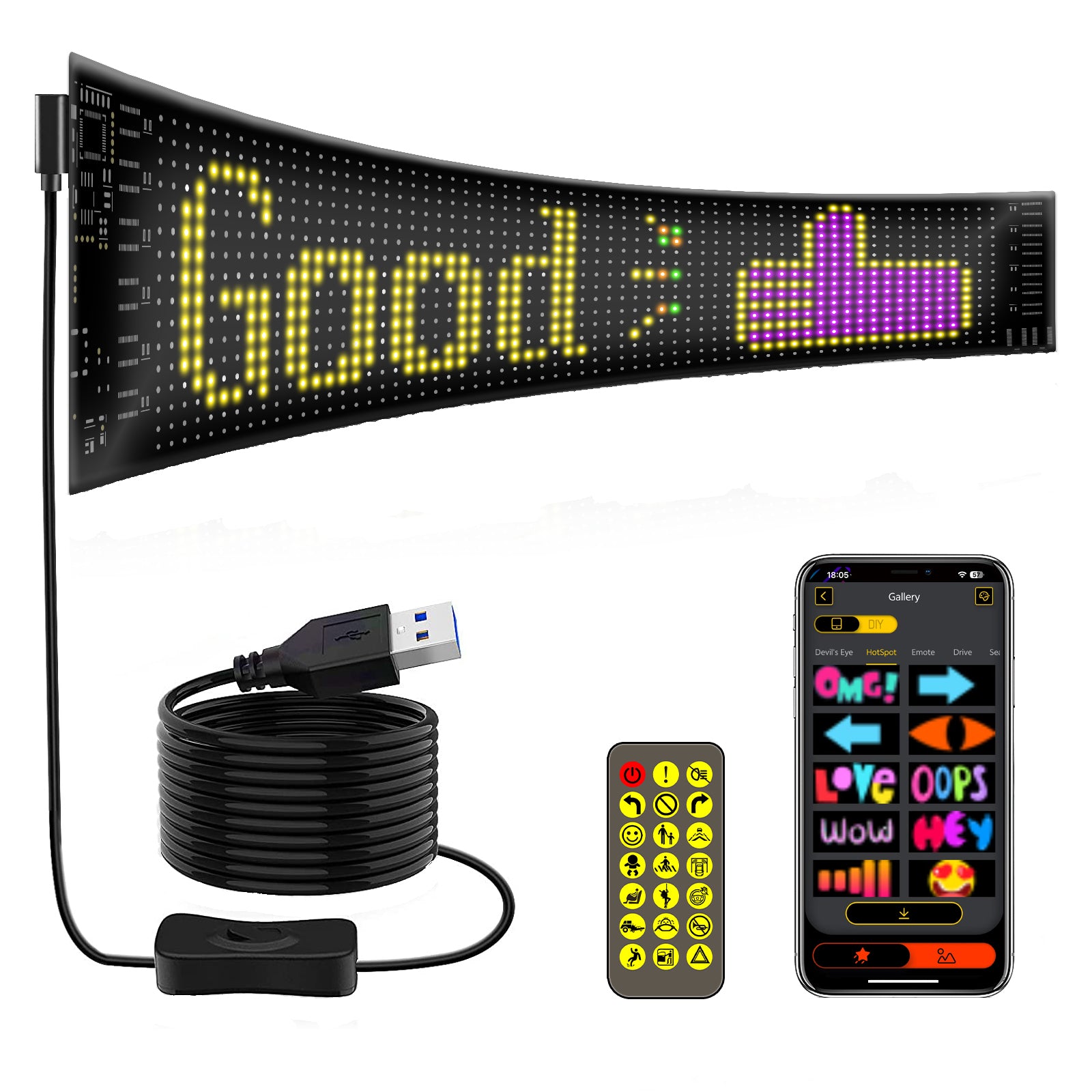Programmable LED Sign Devil Eyes Display for Windshield with Customizable DIY Scrolling Text Patterns Animations