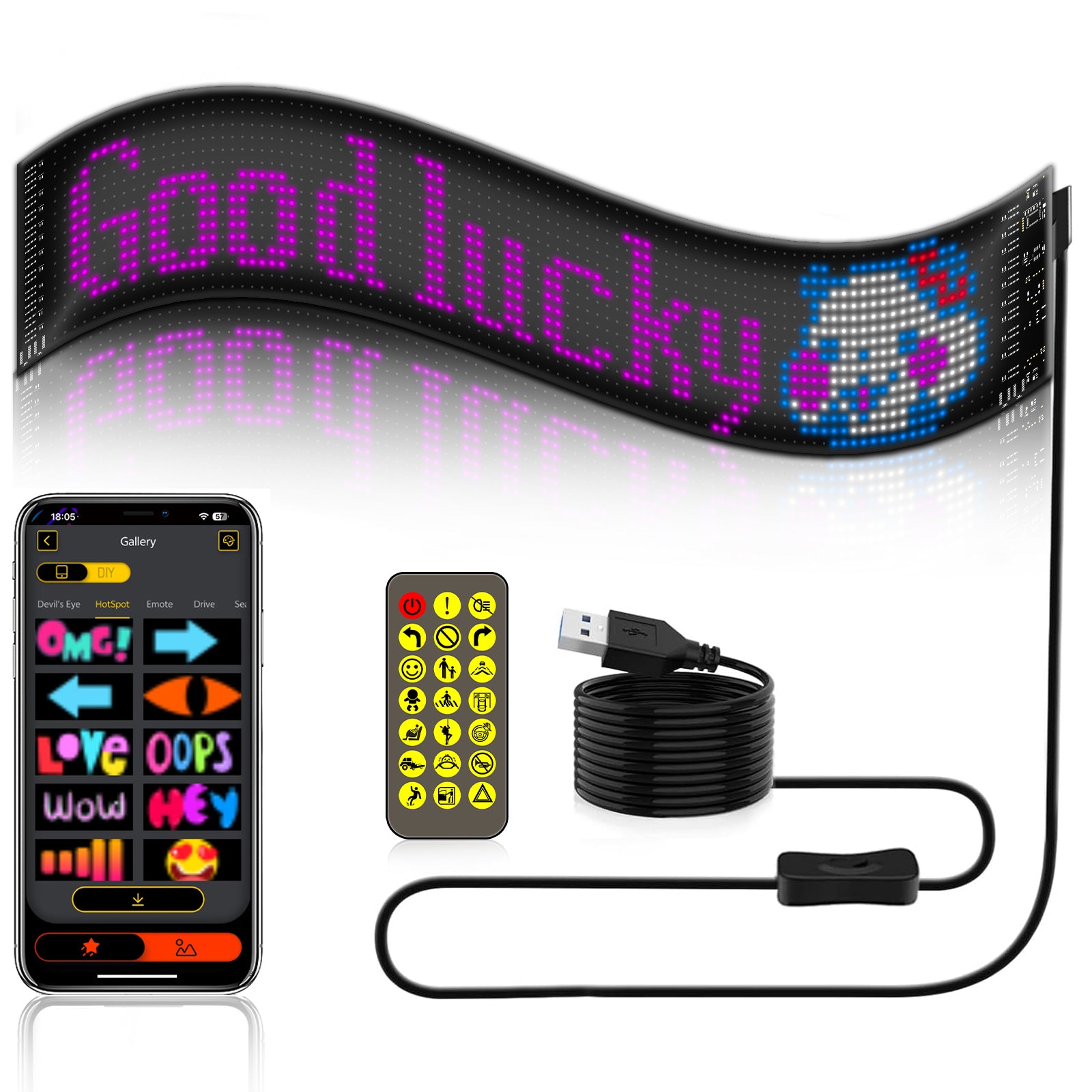 Programmable LED Sign Devil Eyes Display for Windshield with Customizable DIY Scrolling Text Patterns Animations