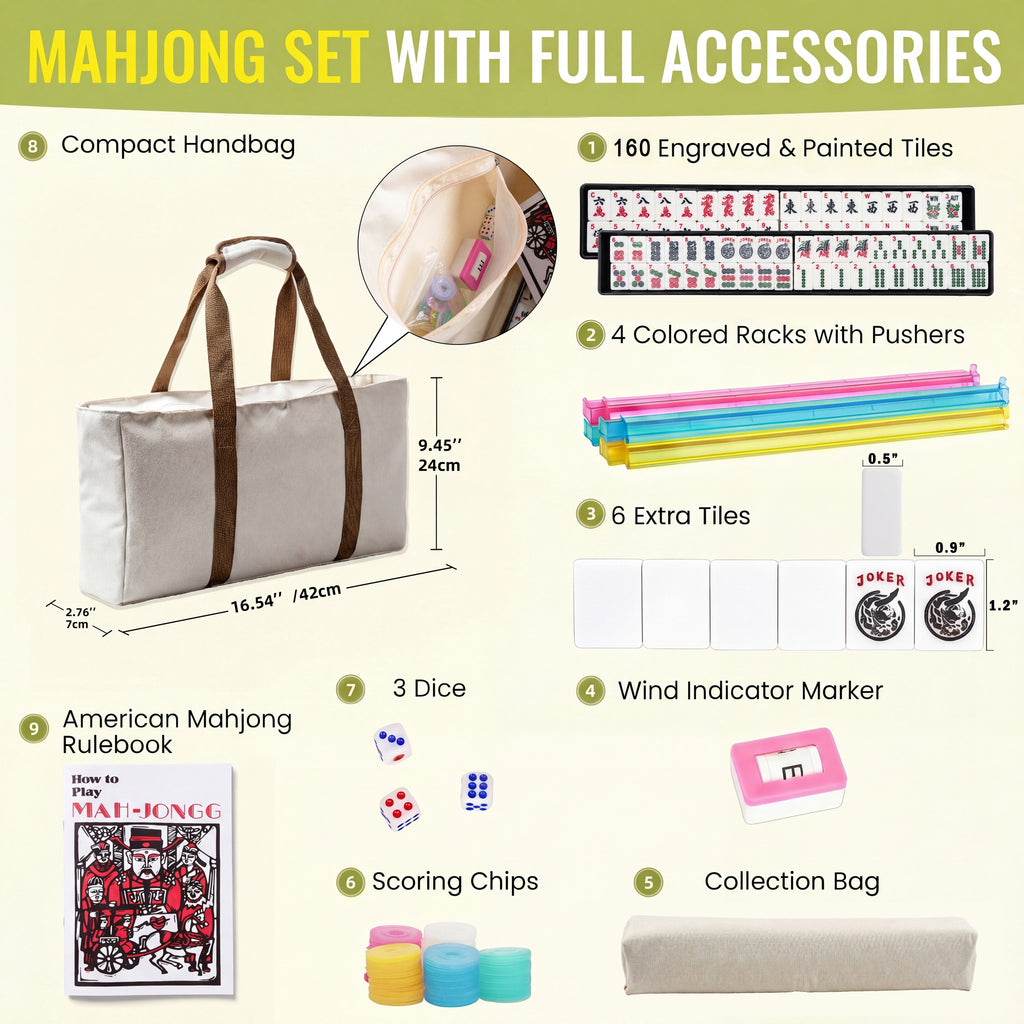 WonderTopia American Mahjong Set with Beige Brown Carrying Bag, 166 White Tiles, 4 All-in-One Color Racks and Pushers, Mahjong Tiles Set for Family Game Night (Ma Jong, Mah-Jongg, Majiang)