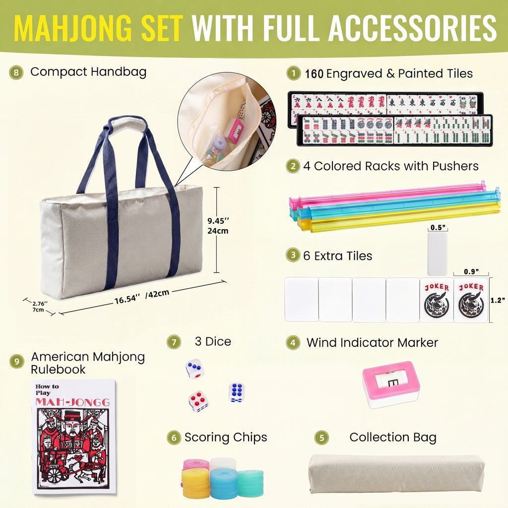 WonderTopia American Mahjong Set with Beige Brown Carrying Bag, 166 White Tiles, 4 All-in-One Color Racks and Pushers, Mahjong Tiles Set for Family Game Night (Ma Jong, Mah-Jongg, Majiang)