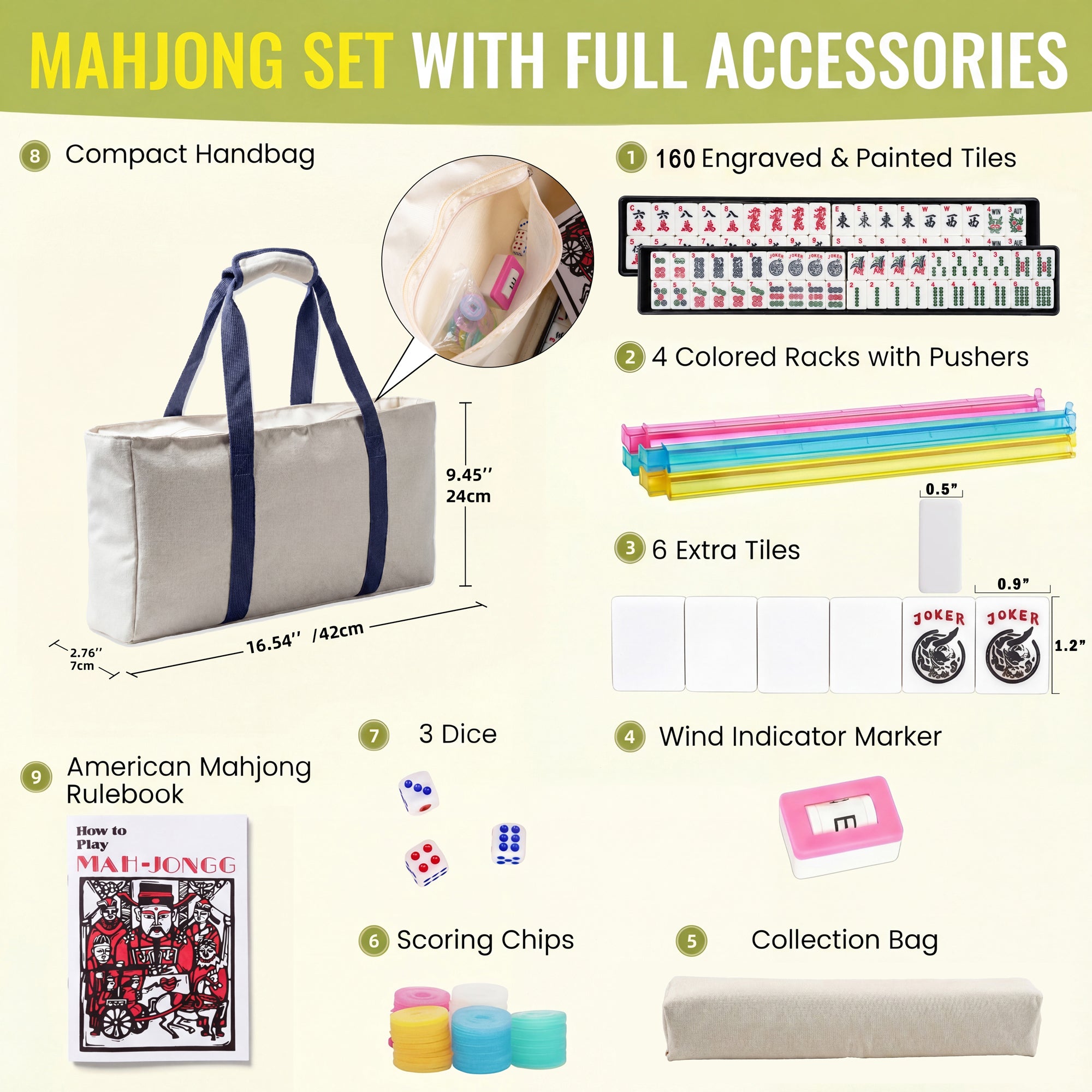 WonderTopia American Mahjong Set with Beige Brown Carrying Bag, 166 White Tiles, 4 All-in-One Color Racks and Pushers, Mahjong Tiles Set for Family Game Night (Ma Jong, Mah-Jongg, Majiang)