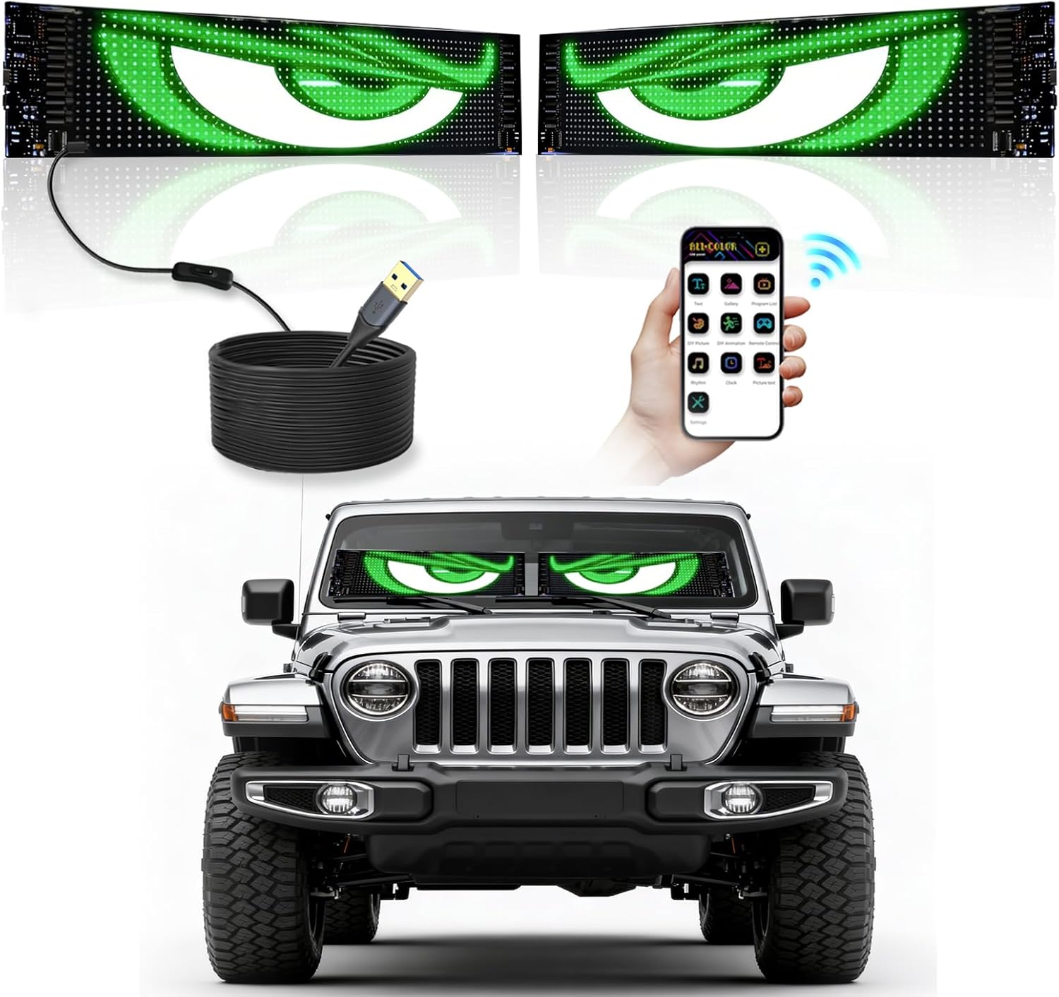Programmable LED Sign Devil Eyes Display for Windshield with Customizable DIY Scrolling Text Patterns Animations