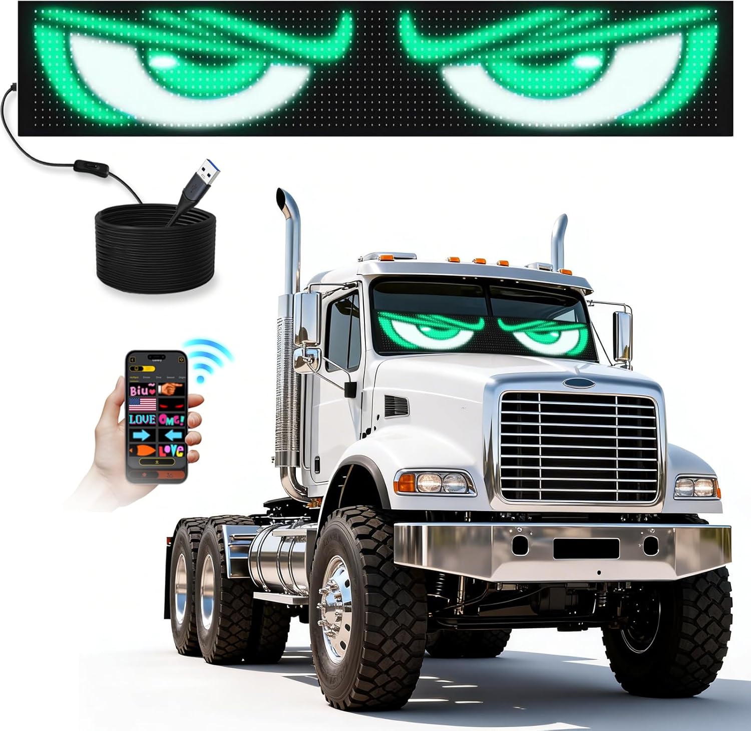 Programmable LED Sign Devil Eyes Display for Windshield with Customizable DIY Scrolling Text Patterns Animations