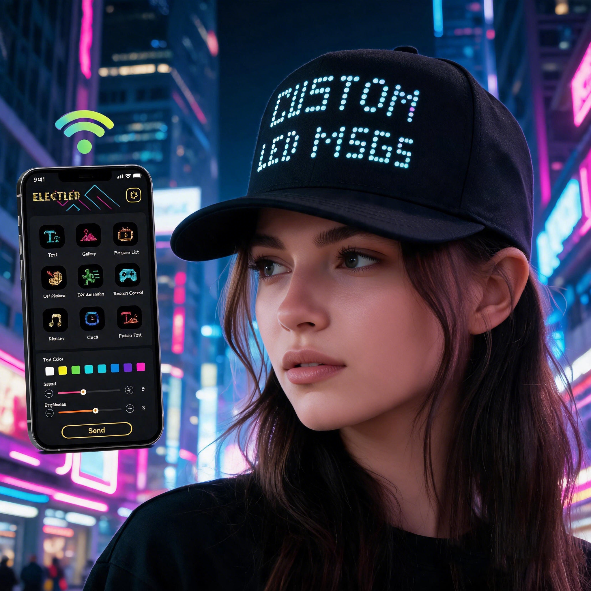MasterAkoh LED Programmable Baseball Cap with Bluetooth App Control Scrolling Message Display Light Up Hat, Customizable Text Animation Pattern Display for Adult Unisex, Rechargeable Curved Brim