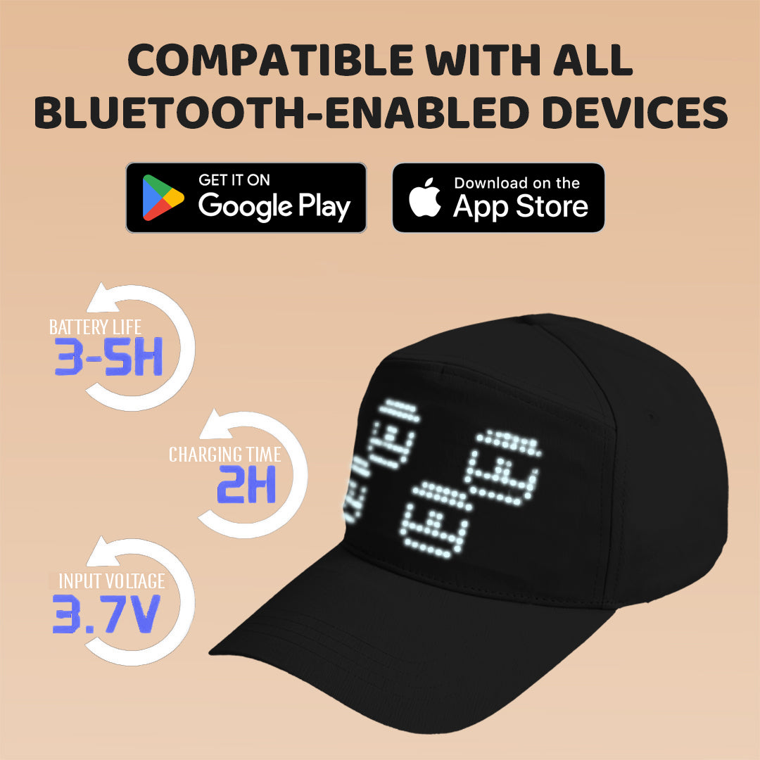 MasterAkoh LED Programmable Baseball Cap with Bluetooth App Control Scrolling Message Display Light Up Hat, Customizable Text Animation Pattern Display for Adult Unisex, Rechargeable Curved Brim
