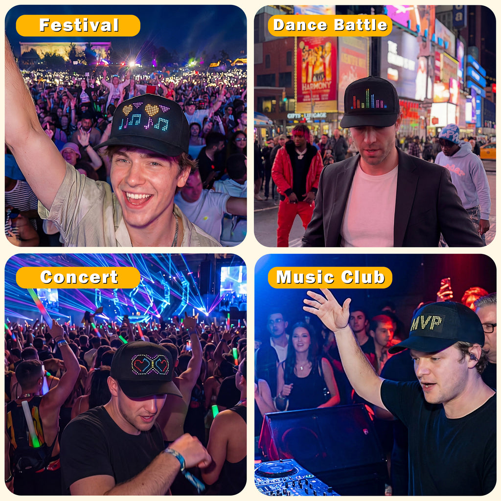 MasterAkoh LED Programmable Baseball Cap with Bluetooth App Control Scrolling Message Display Light Up Hat, Customizable Text Animation Pattern Display for Adult Unisex, Rechargeable Curved Brim
