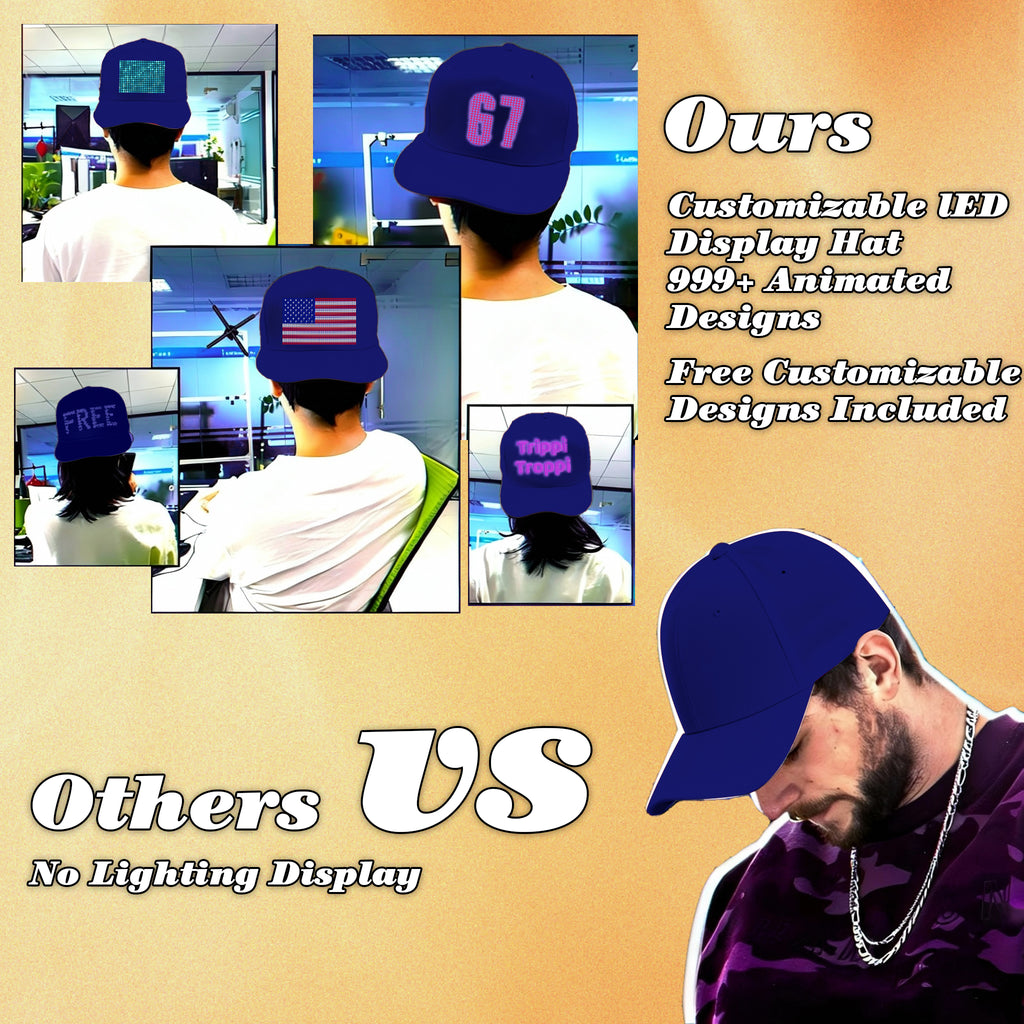 MasterAkoh LED Programmable Baseball Cap with Bluetooth App Control Scrolling Message Display Light Up Hat, Customizable Text Animation Pattern Display for Adult Unisex, Rechargeable Curved Brim